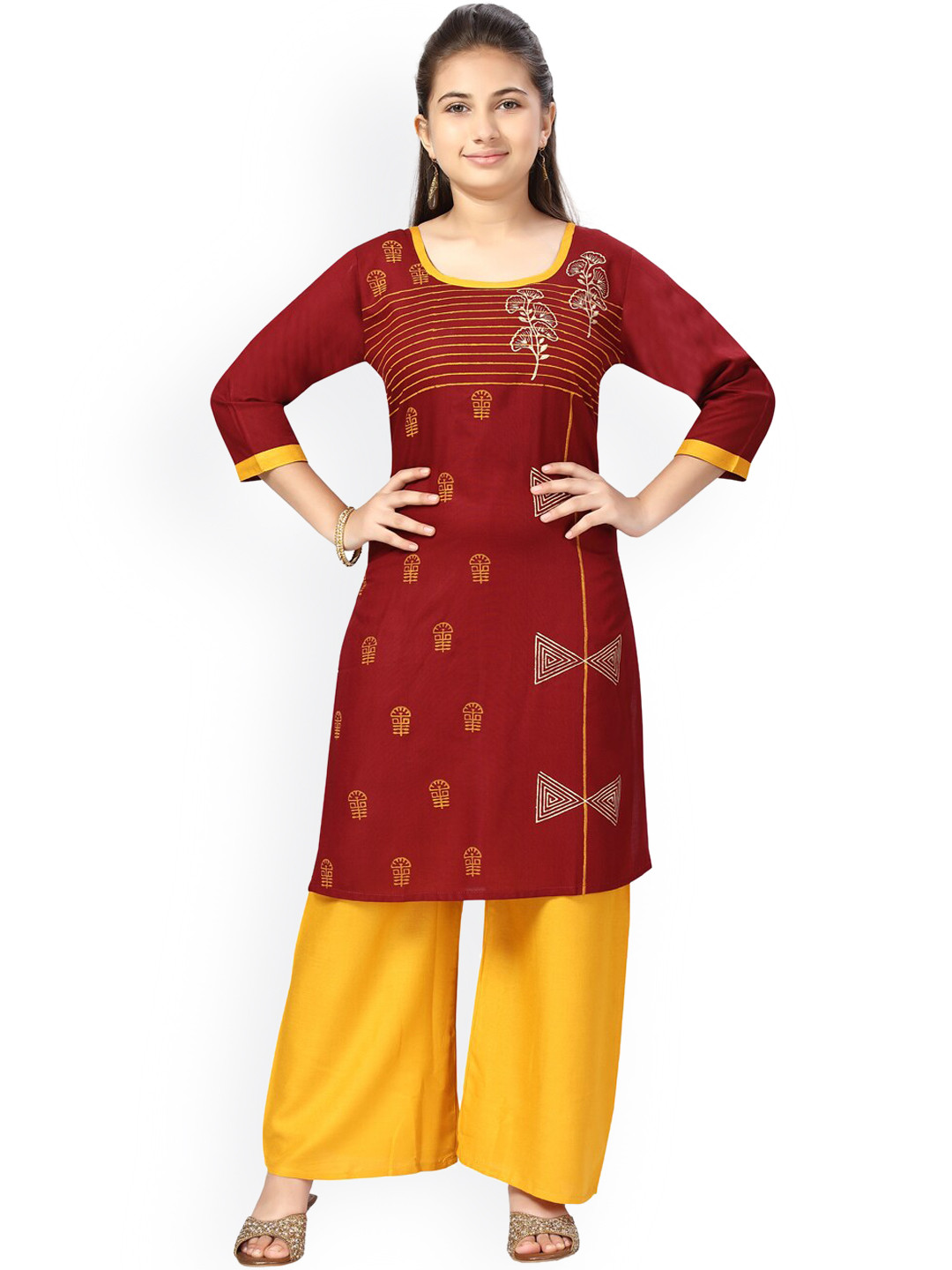 

Aarika Girls Maroon & Mustard Yellow Printed Pure Cotton Kurta with Palazzos