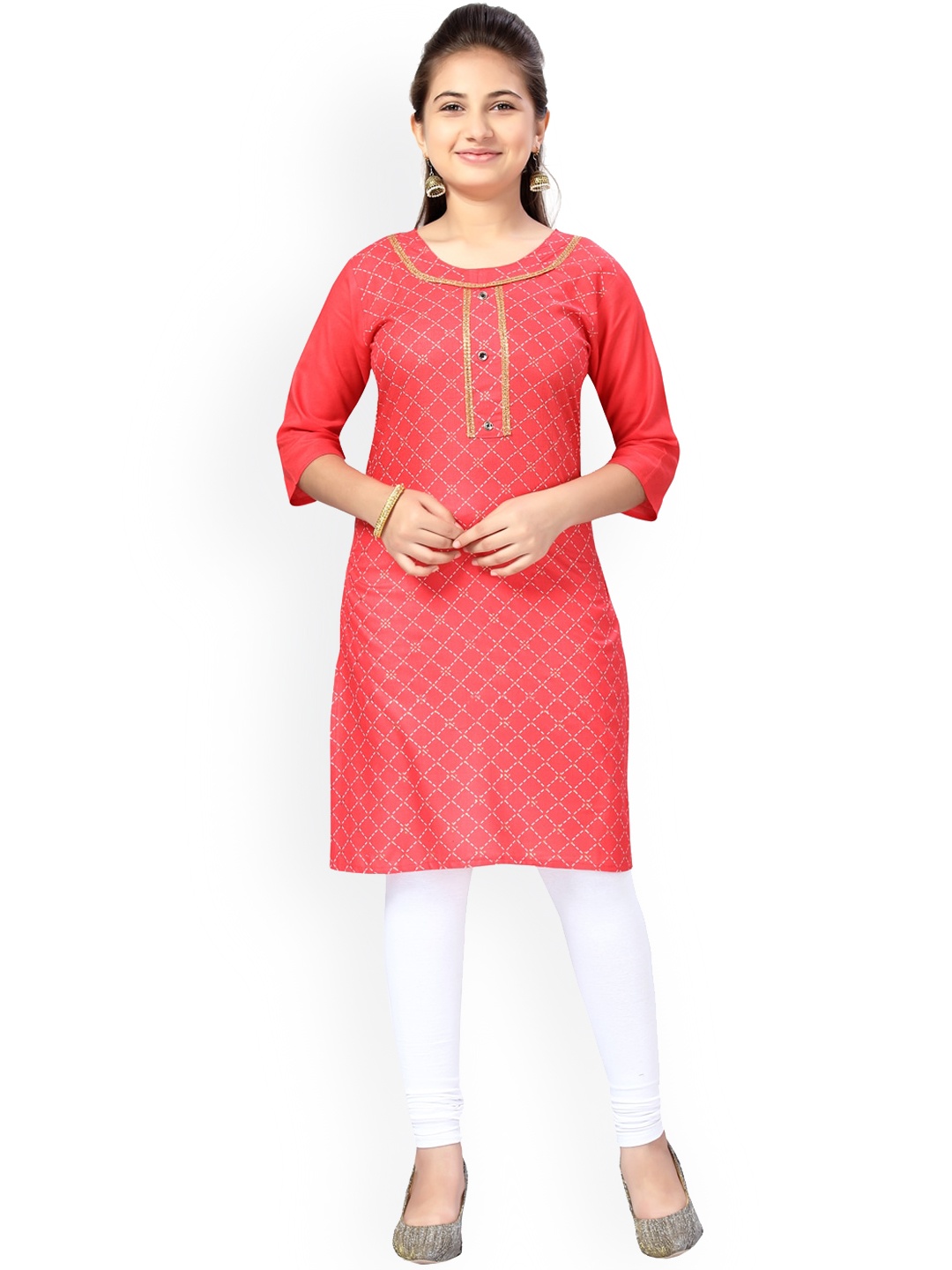 

Aarika Girls Coral & White Printed Pure Cotton Kurta with Leggings