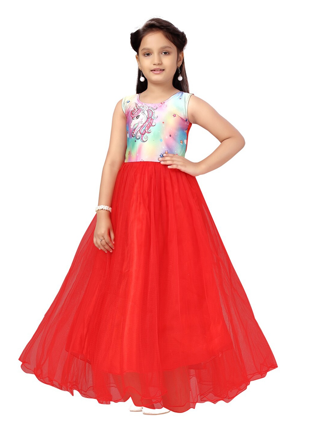 

Aarika Girls Red & Purple Unicorn Printed Net Gown