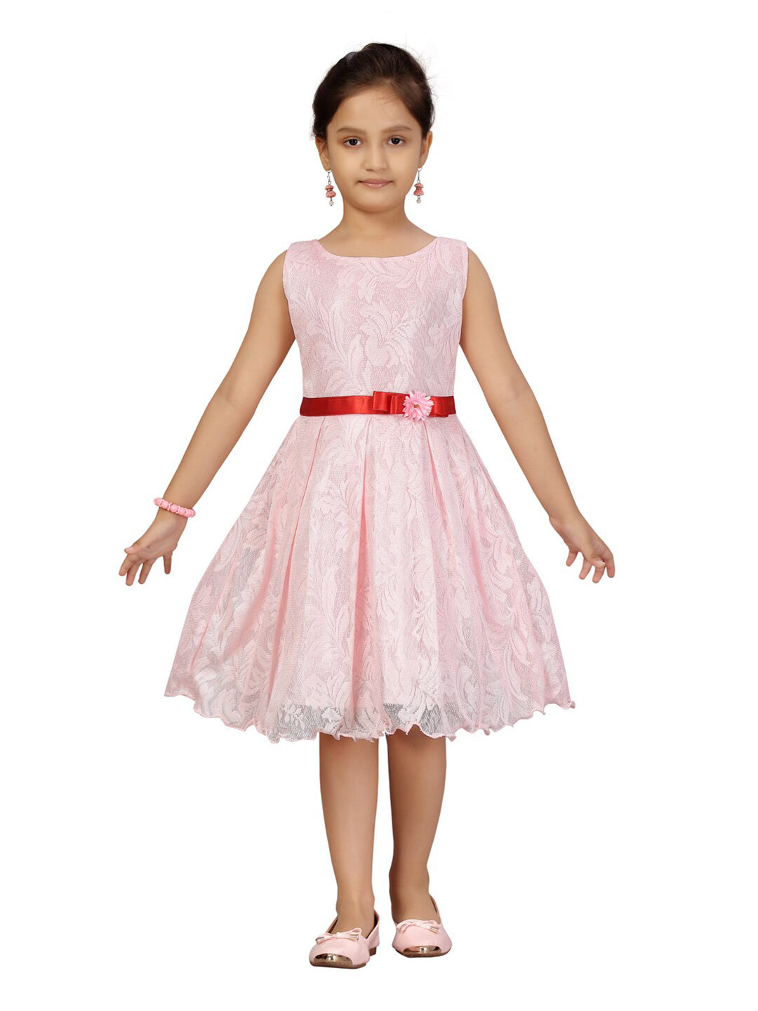 

Aarika Girls Pink Floral Self Design Net Dress