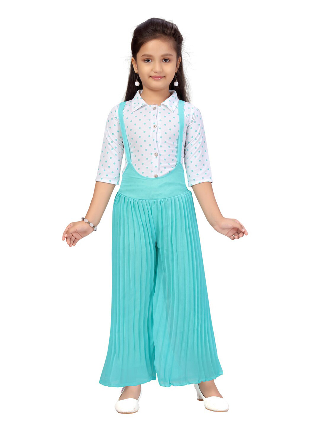 

Aarika Girls White & Sea Green Printed Basic Jumpsuit