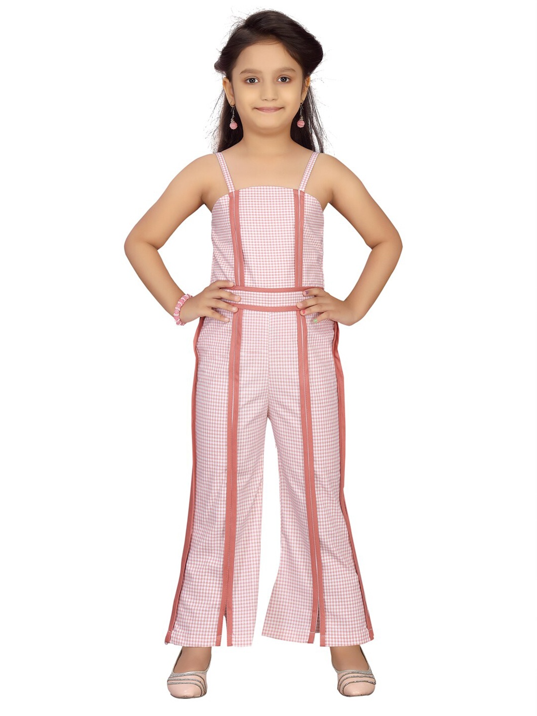 Aarika Girls Peach-Coloured & White Checked Cotton Basic Jumpsuit
