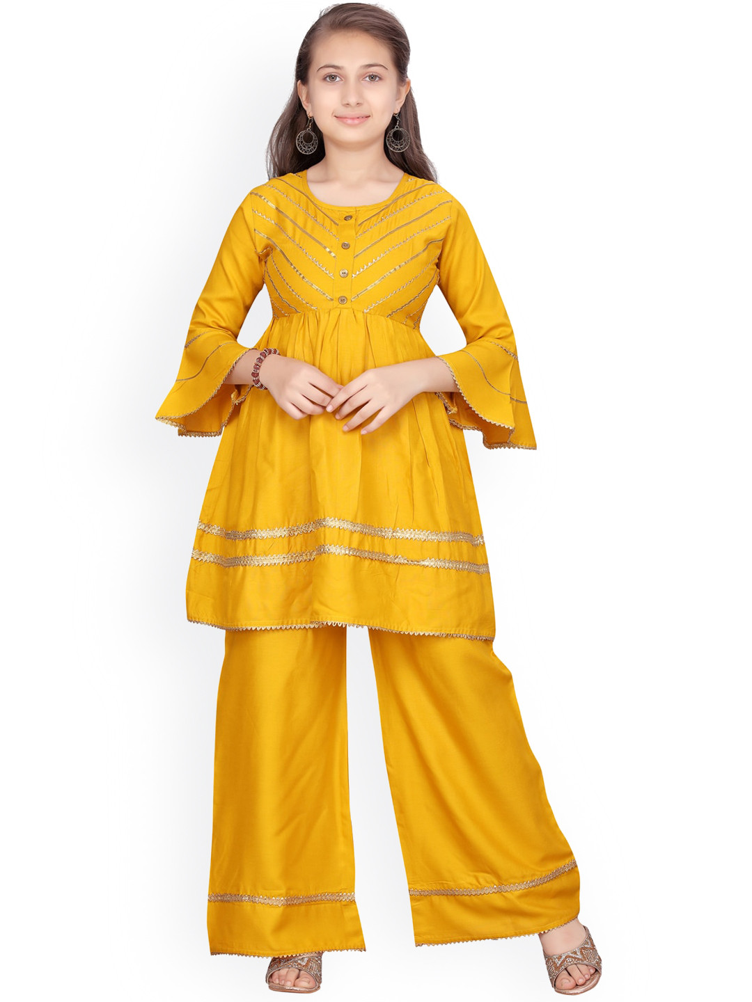 

Aarika Girls Yellow Gota Patti Pure Cotton Bell Sleeves Kurti With Palazzos