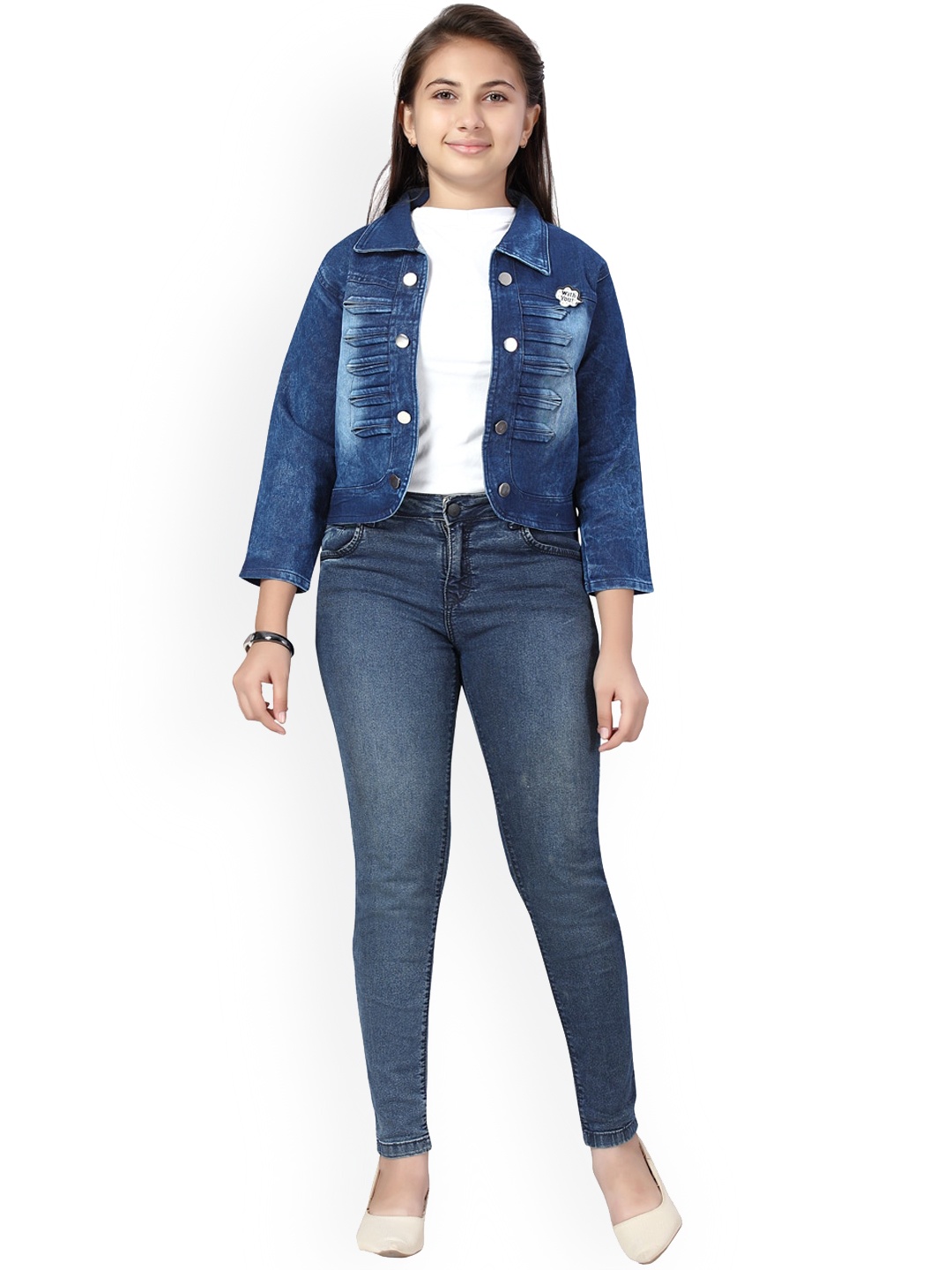 

Aarika Girls Blue Solid Crop Denim Cotton Jacket
