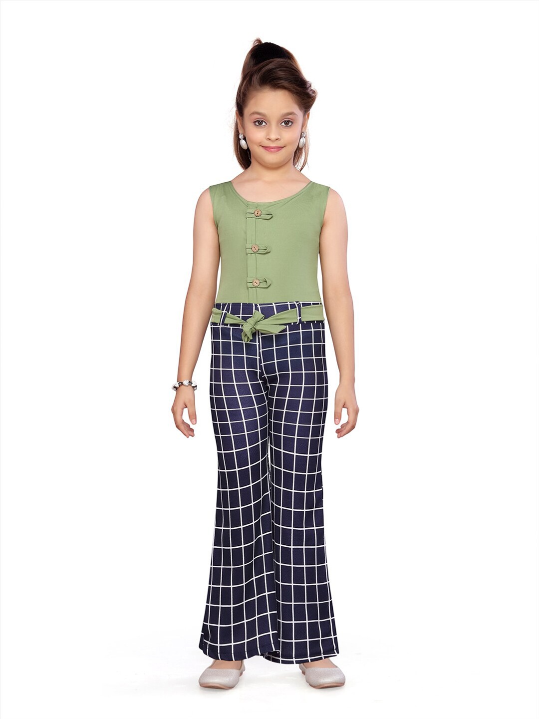 

Aarika Girls Green & Navy Blue Checked Jumpsuit with Belt