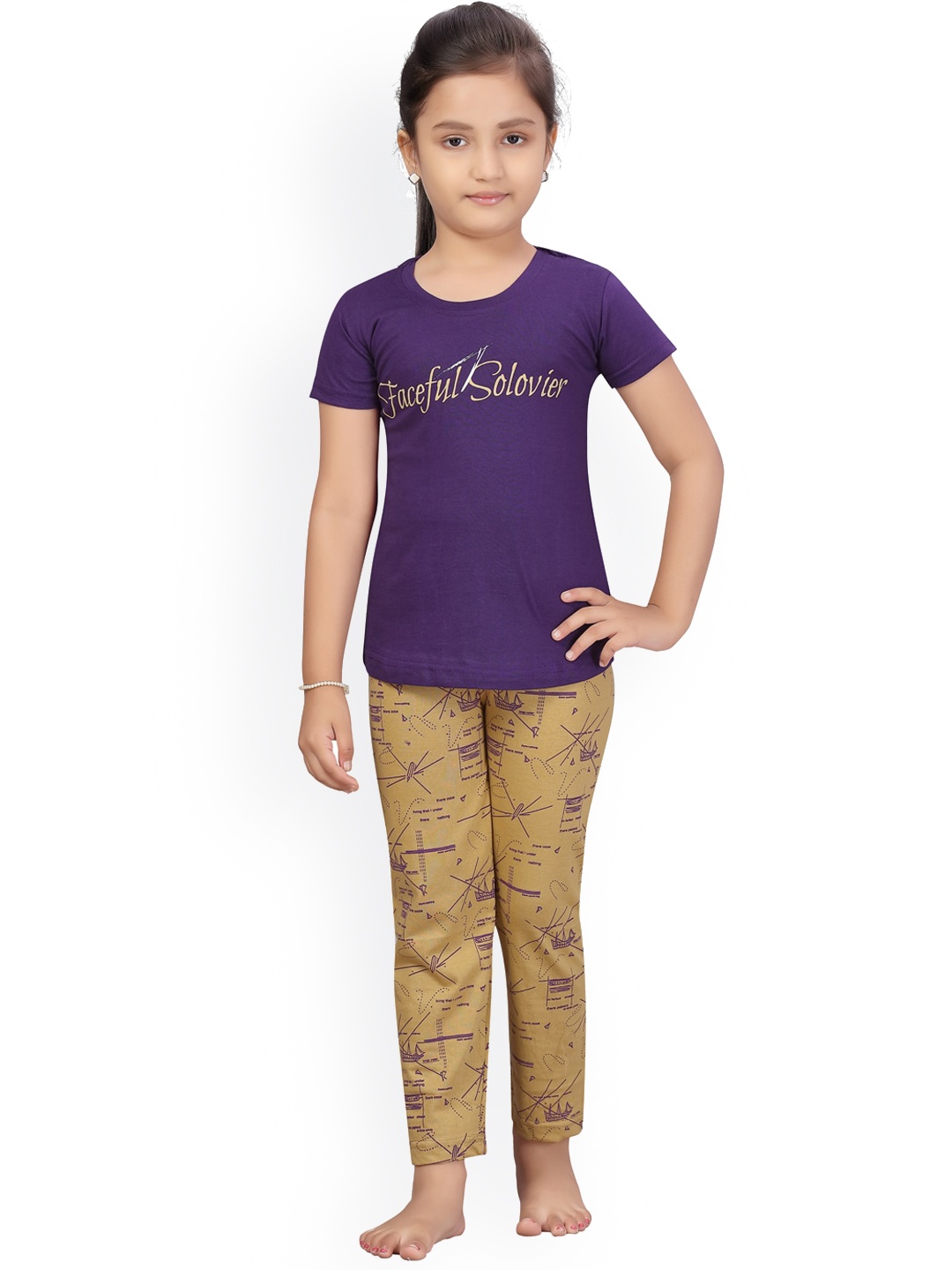 

Aarika Girls Purple & Brown Printed Pure Cotton Night suit