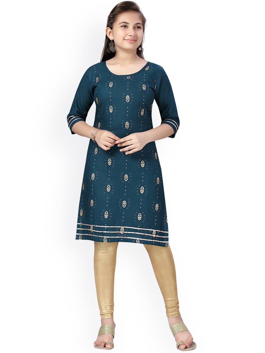 Aarika Girls Green Ethnic Motifs Printed Pure Cotton Kurta With Leggings