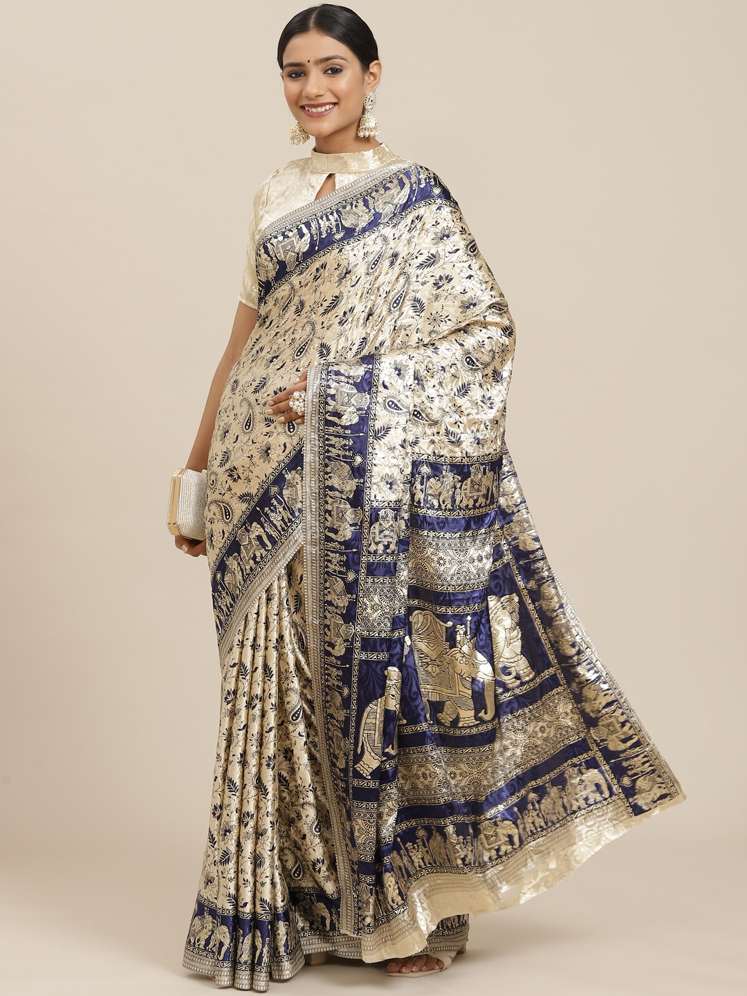 

Mitera Navy Blue & Cream-Coloured Ethnic Motifs Satin Block Print Saree