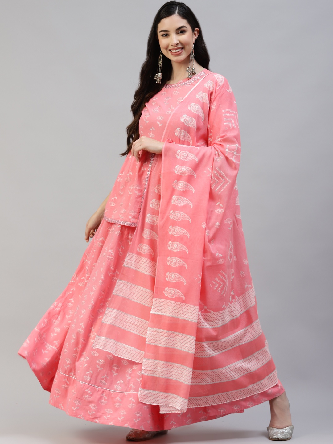 

Poshak Hub Women Pink & White Cotton Printed Mirror Work Lehenga & Blouse With Dupatta