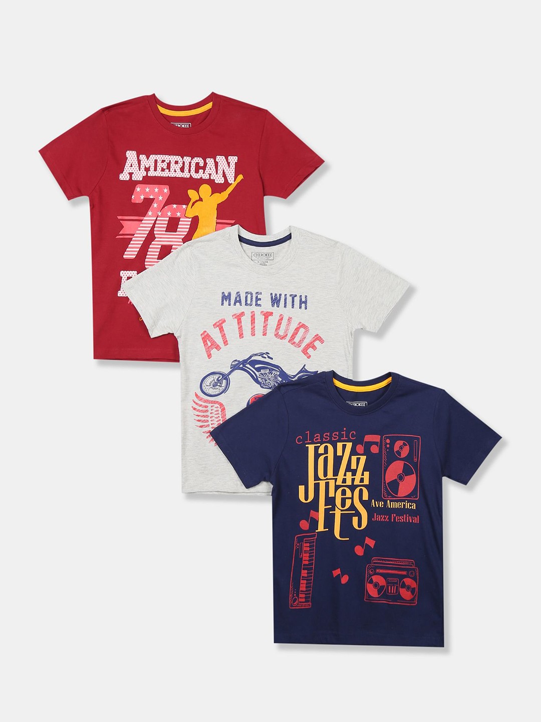

Cherokee Boys Set Of 3 Grey & Maroon Printed Cotton T-shirt