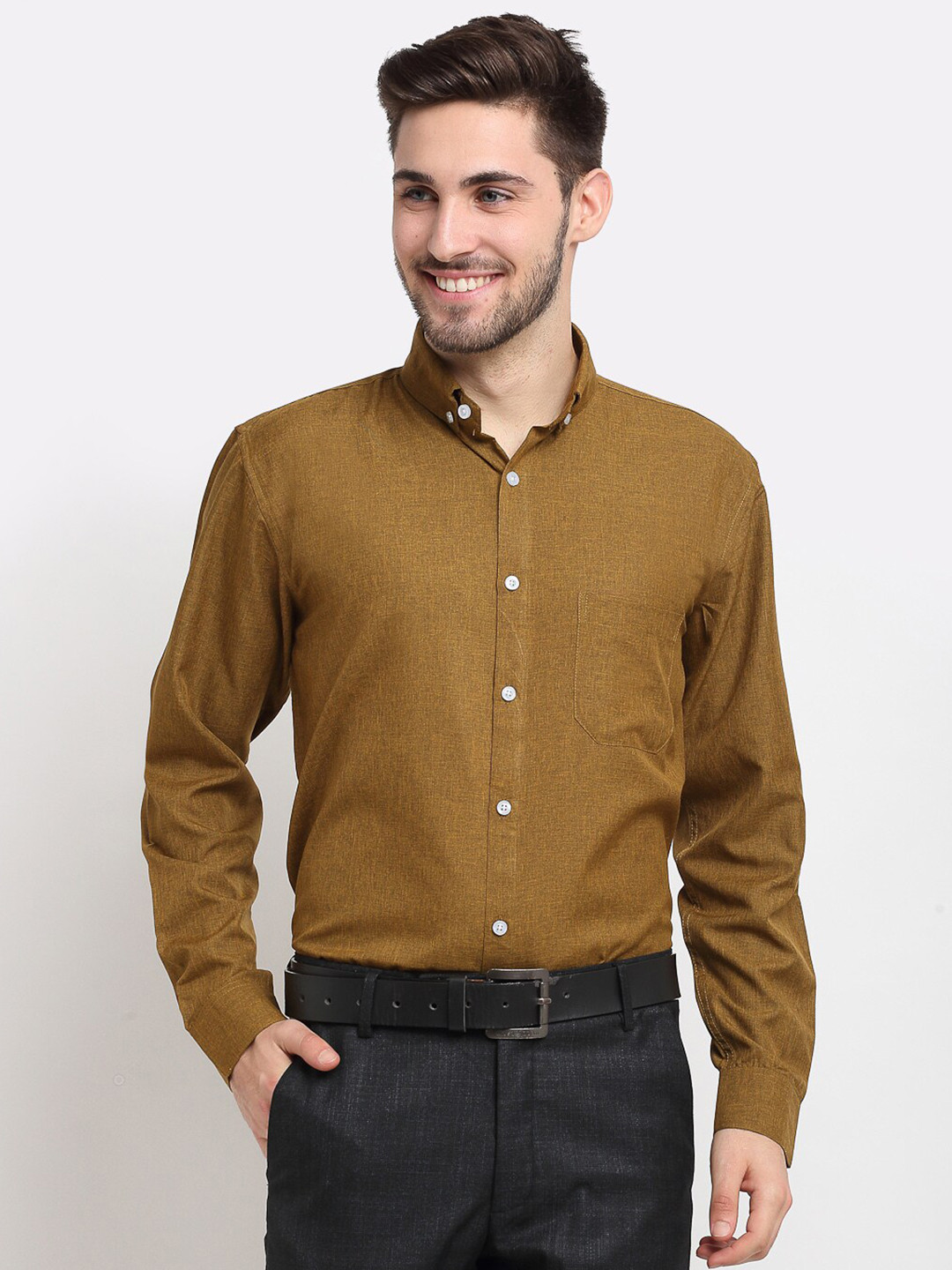 

JAINISH Men Olive Green Classic Pure Cotton Formal Shirt