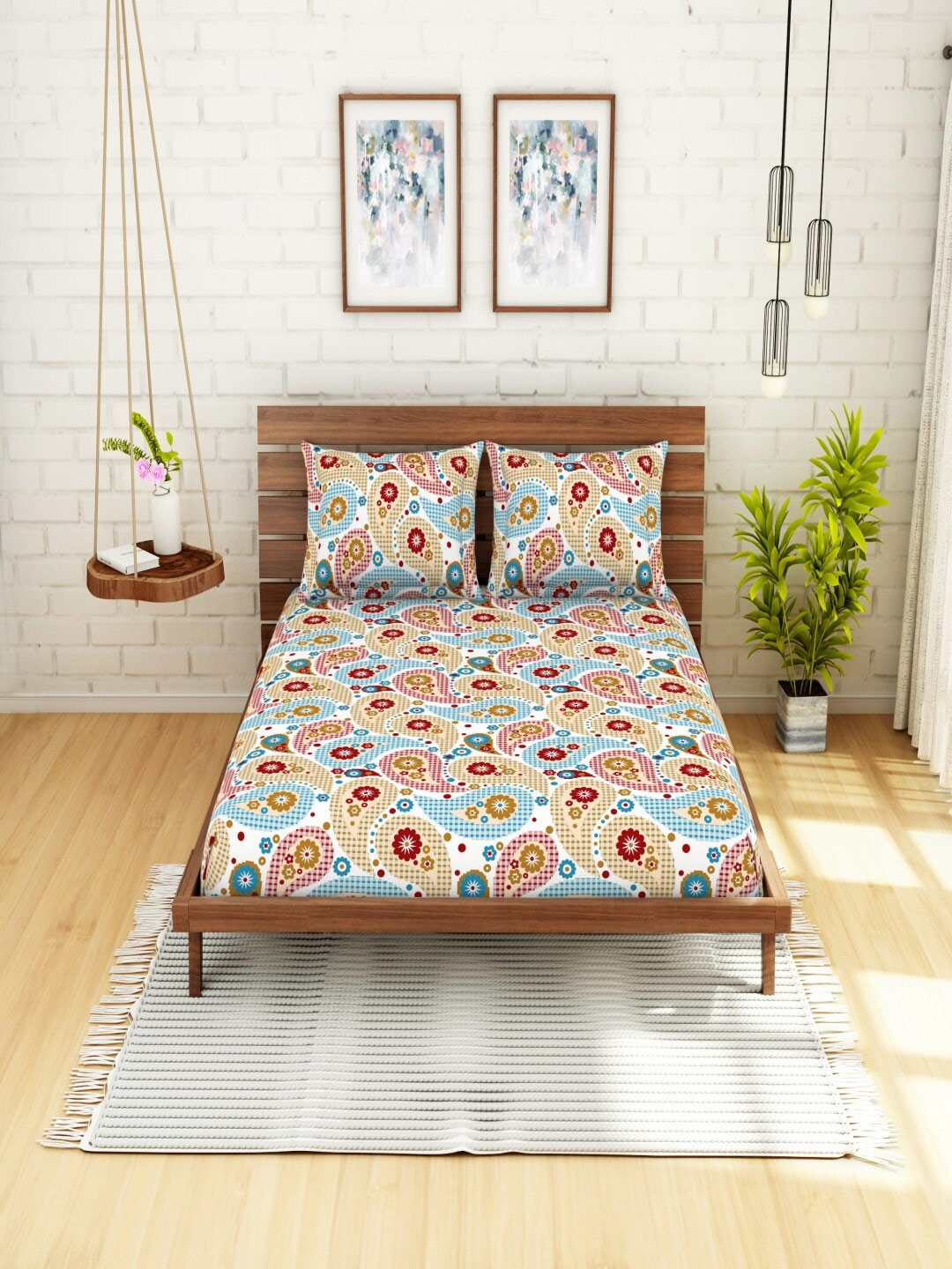 

SWHF Turquoise Blue & Maroon Floral 104 TC Queen Bedsheet with 2 Pillow Covers