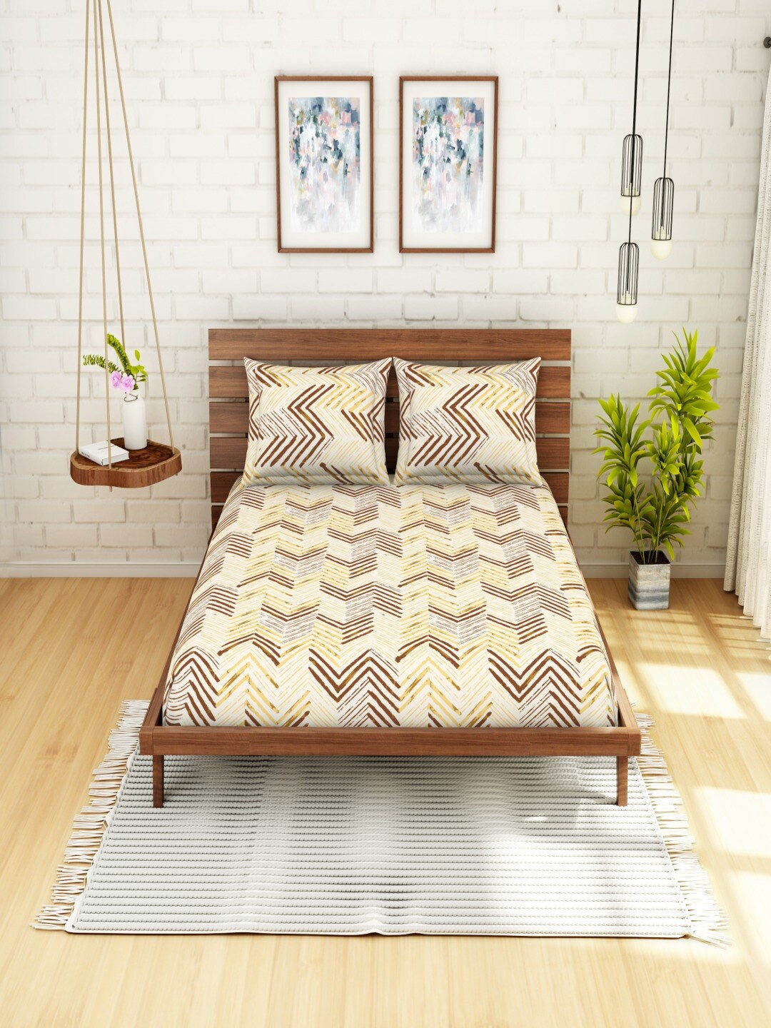 

SWHF Brown & Cream-Coloured Cotton Geometric 104 TC Queen Bedsheet with 2 Pillow Covers