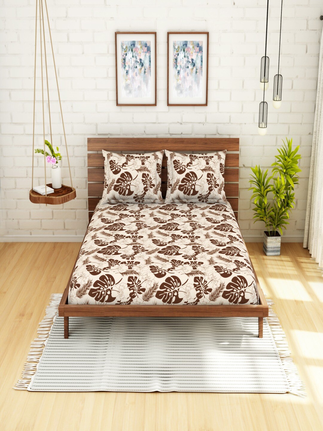 

SWHF Brown & Cream-Coloured Floral 104 TC Pure Cotton Queen Bedsheet with 2 Pillow Covers
