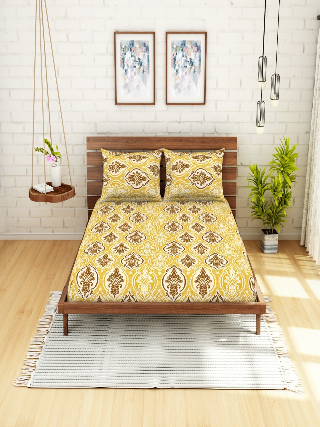 

SWHF Brown & Yellow Ethnic Motifs Cotton 104 TC Queen Bedsheet with 2 Pillow Covers