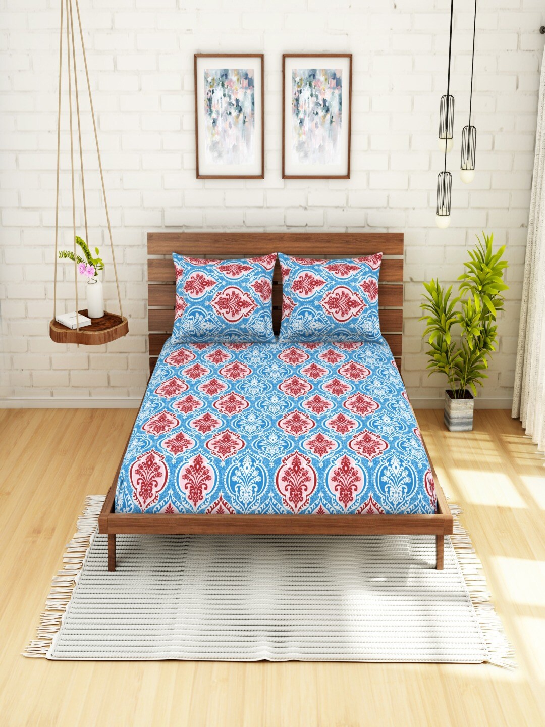 

SWHF Blue & White Ethnic Motifs 104 TC Cotton Queen Bedsheet with 2 Pillow Covers