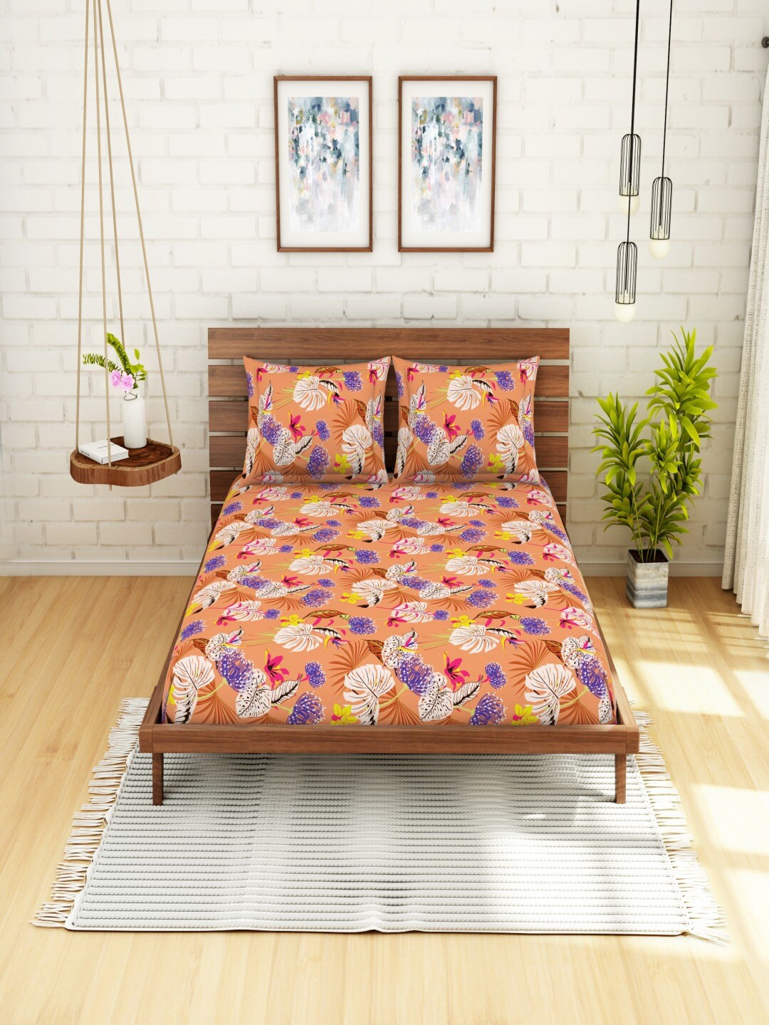 

SWHF Orange Floral Printed 104 TC Queen Bedsheet with 2 Pillow Covers