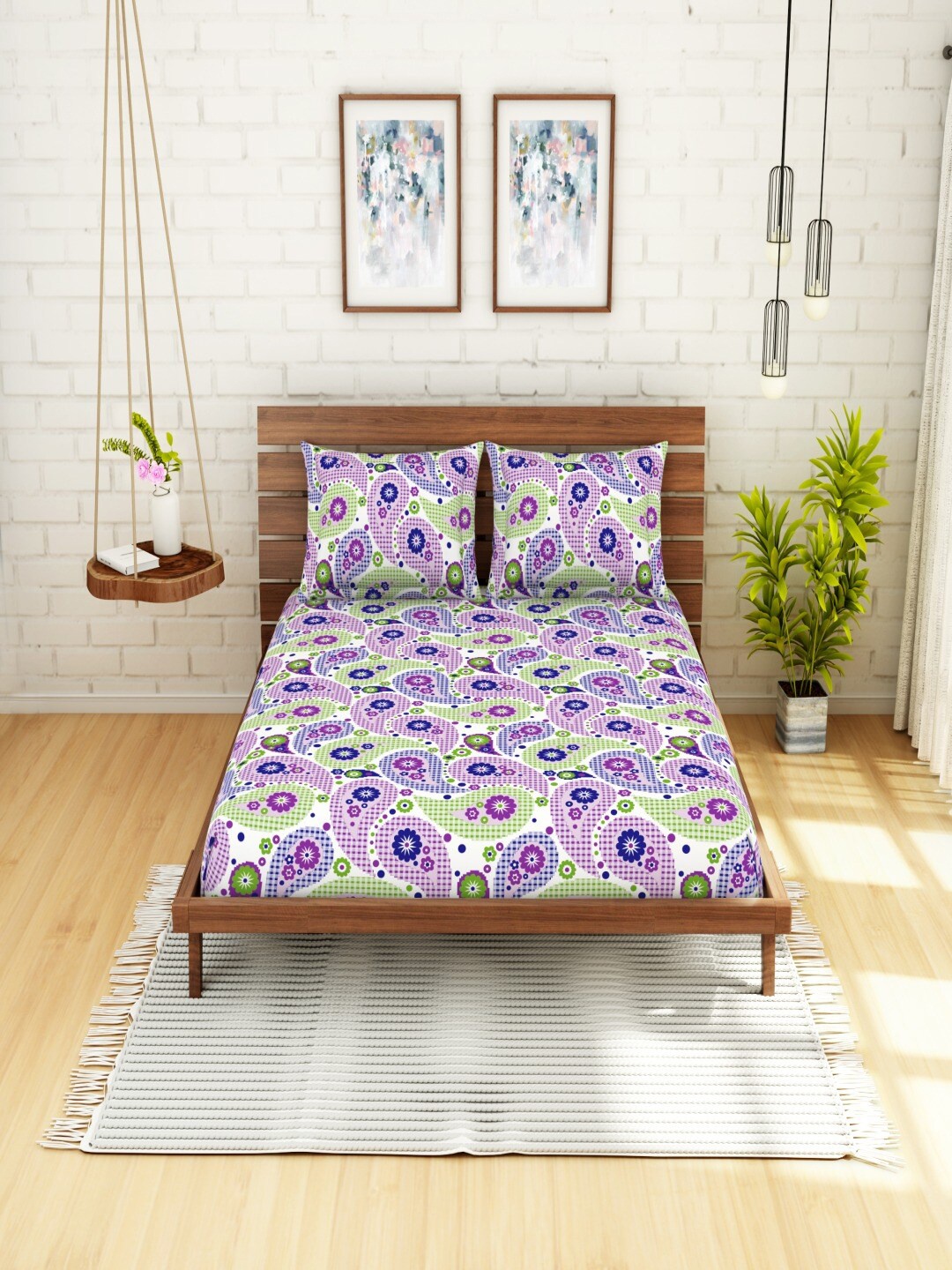SWHF Purple & Green Floral 104 TC Queen Bedsheet with 2 Pillow Covers