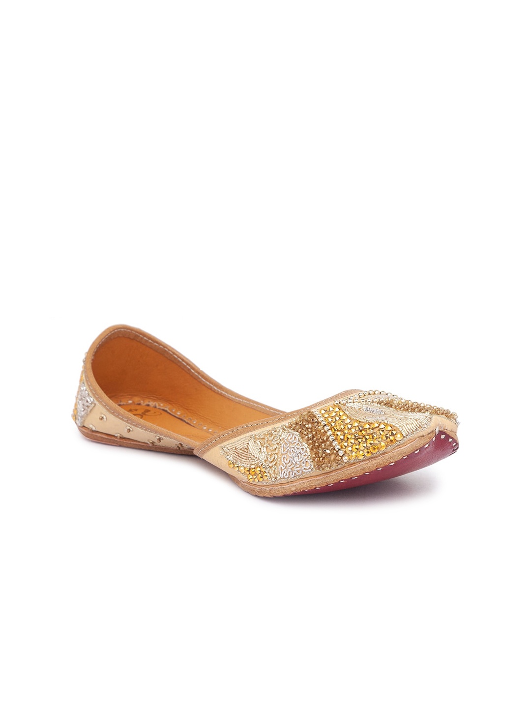 

Sole To Soul Women Gold-Toned Embellished Leather Ethnic Mojaris Flats