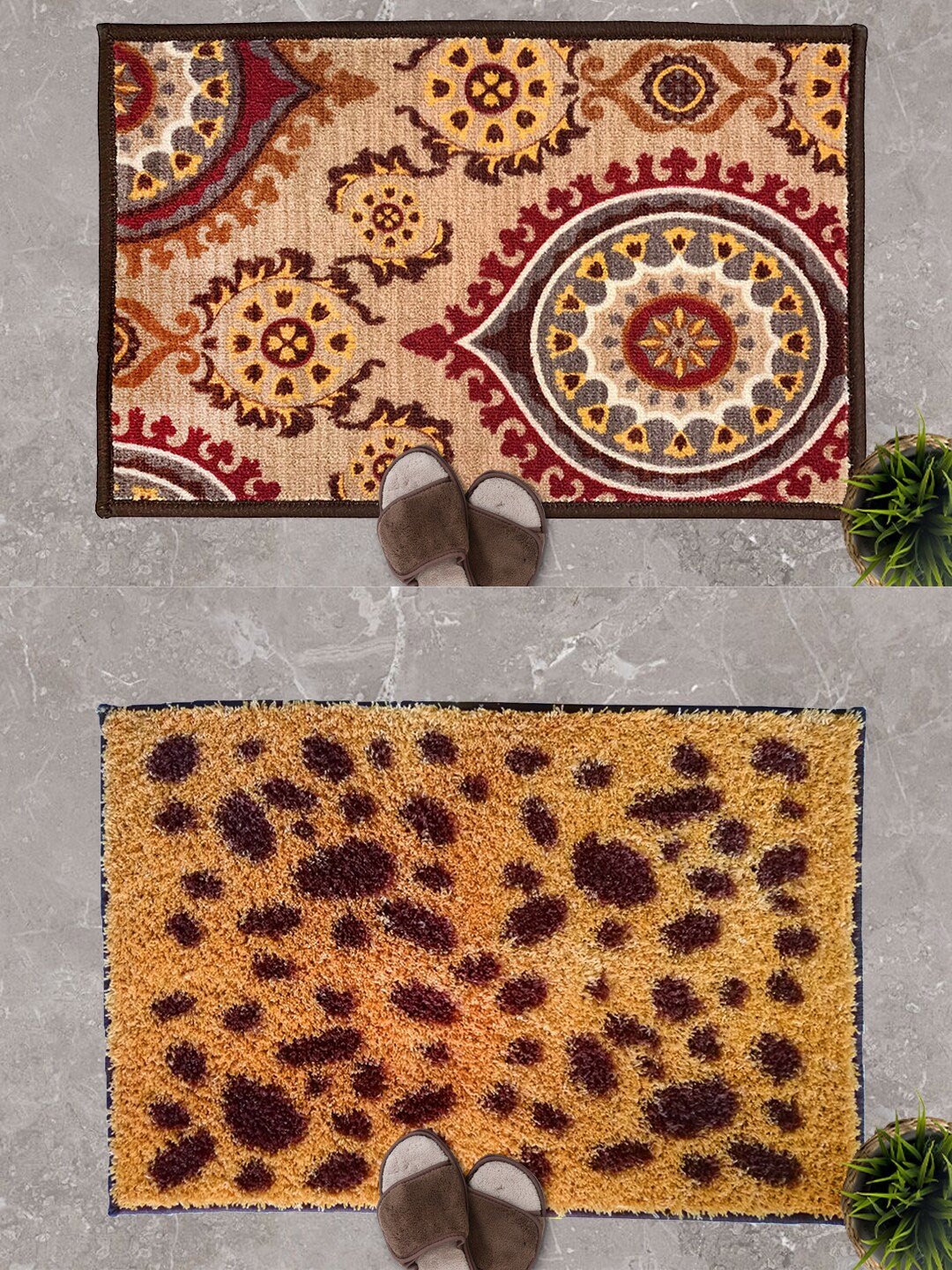 

Athom Trendz Set Of 2 Brown & Maroon Printed Anti-Skid Doormats