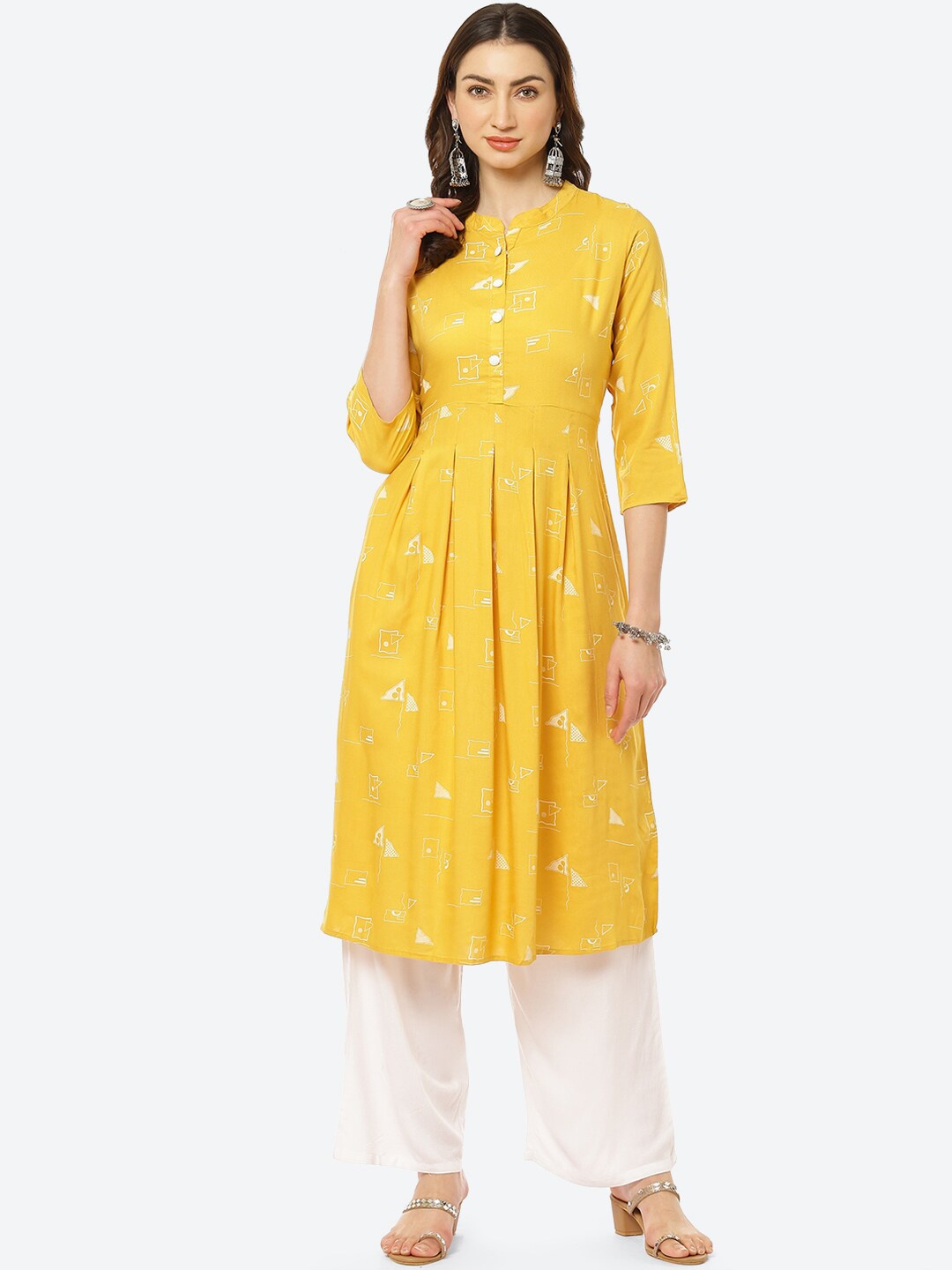 

Kurti's by Menka Women Yellow Geometric Printed Empire Kurta