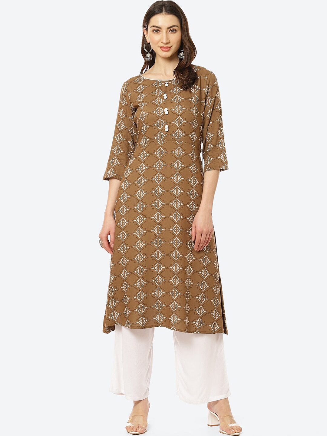 

Kurti's by Menka Women Bronze-Toned Ethnic Motifs Printed Kurta