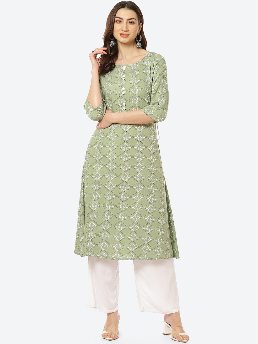 

Kurti's by Menka Women Green Geometric Printed Mirror Work Kurta