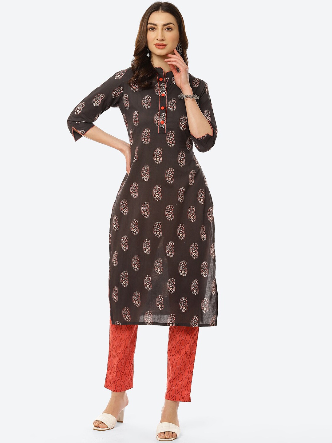

Kurti's by Menka Women Red Embroidered Pleated Pure Cotton Kurta with Trousers