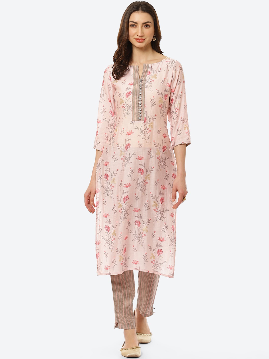 

Kurti's by Menka Women Pink Floral Printed Pure Silk Kurta with Trousers