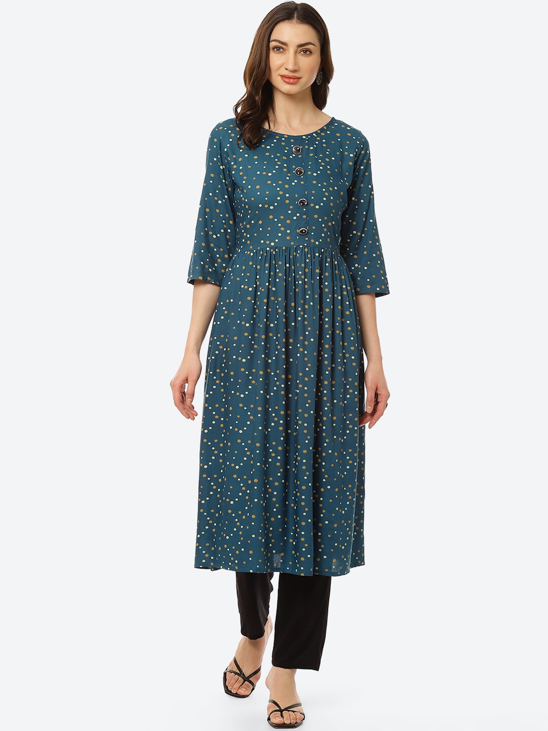 

Kurti's by Menka Women Blue Polka Dot Anarkali Printed Kurta