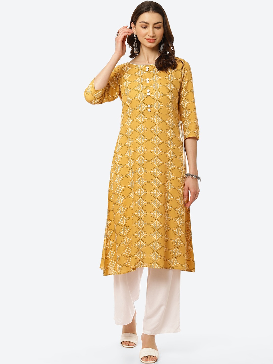 

Kurti's by Menka Women Yellow Ethnic Motifs Printed Kurta