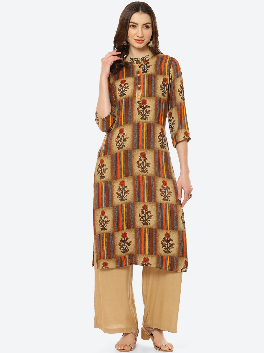 

Kurti's by Menka Women Beige Floral Printed Keyhole Neck Kurta
