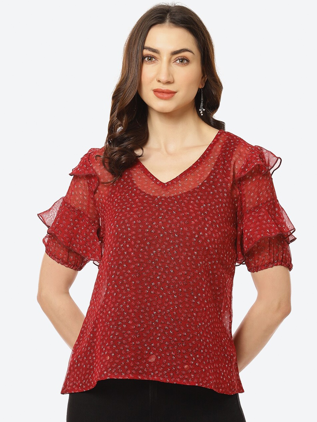 Kurti's by Menka Red Floral Print Georgette Top