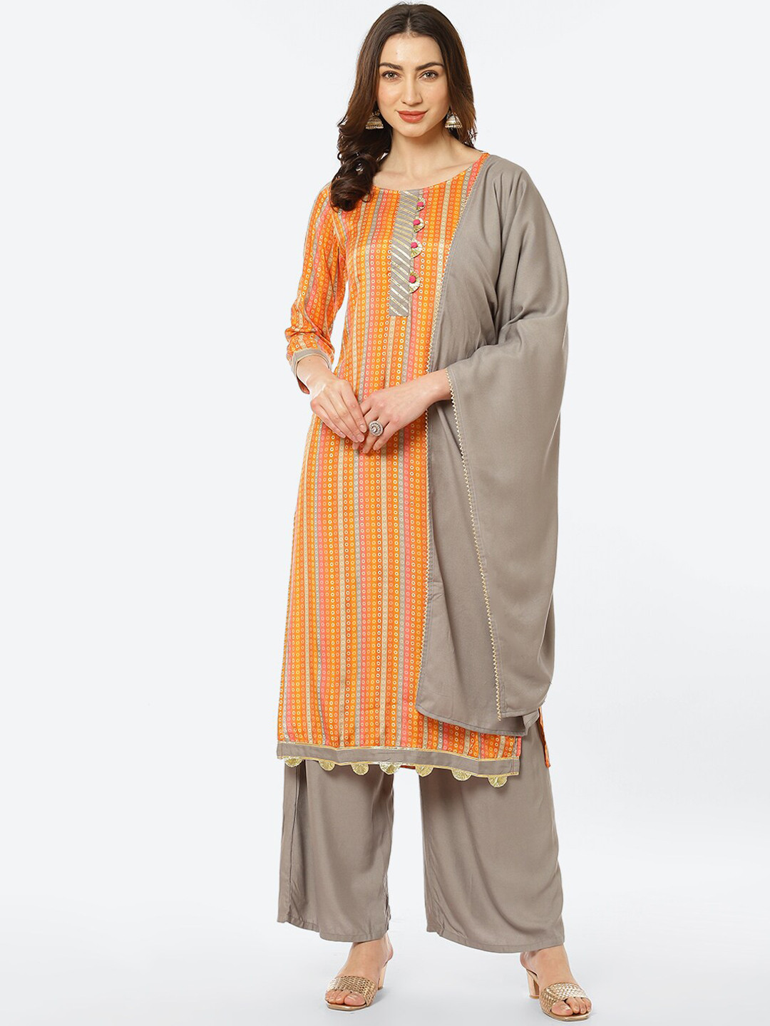 

Kurti's by Menka Women Orange & Brown Printed Kurta with Trousers & Dupatta