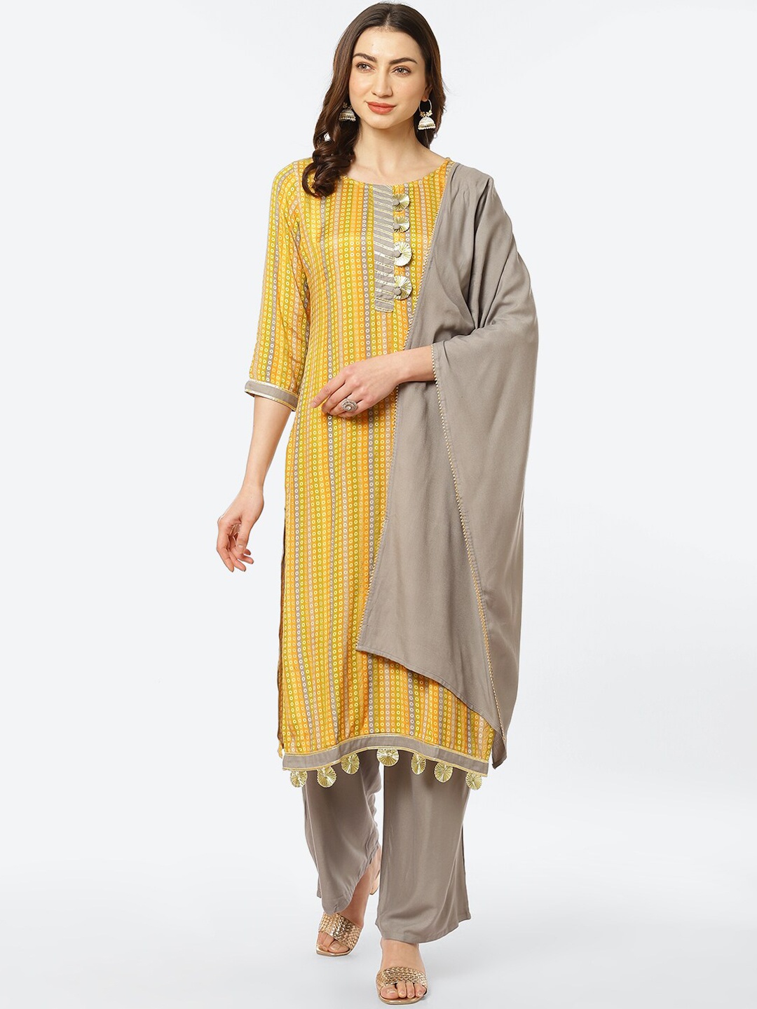 

Kurti's by Menka Women Yellow Yoke Design Kurta with Trousers & With Dupatta