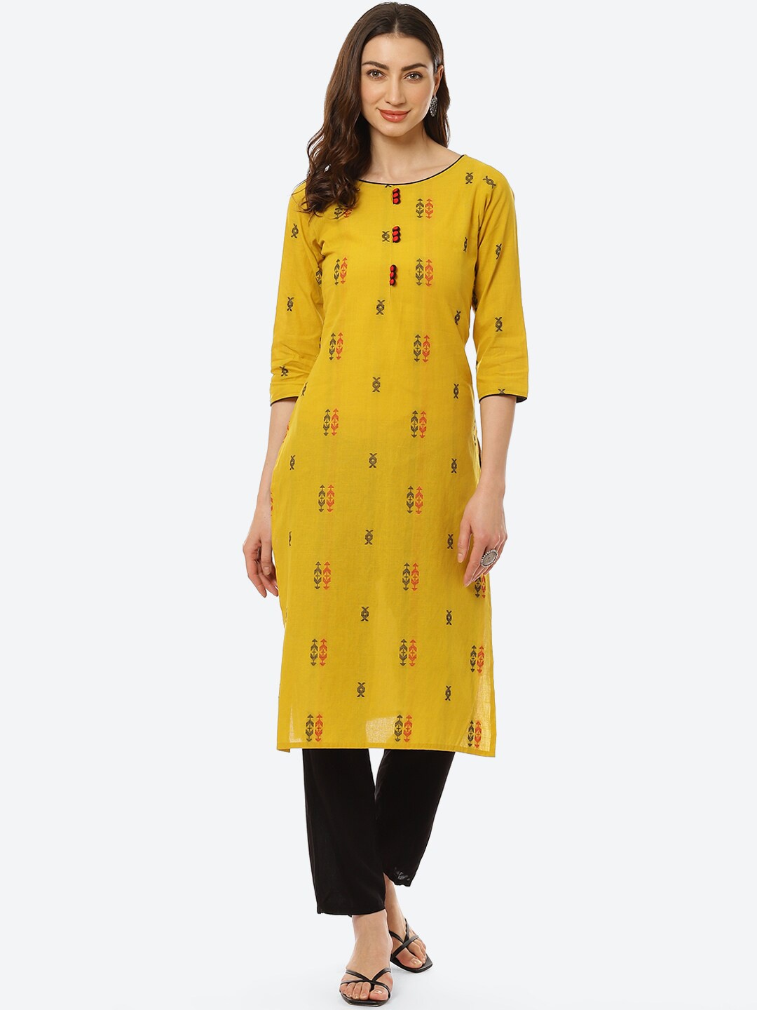 

Kurti's by Menka Women Yellow Ethnic Motifs Printed Cotton Straight Kurta