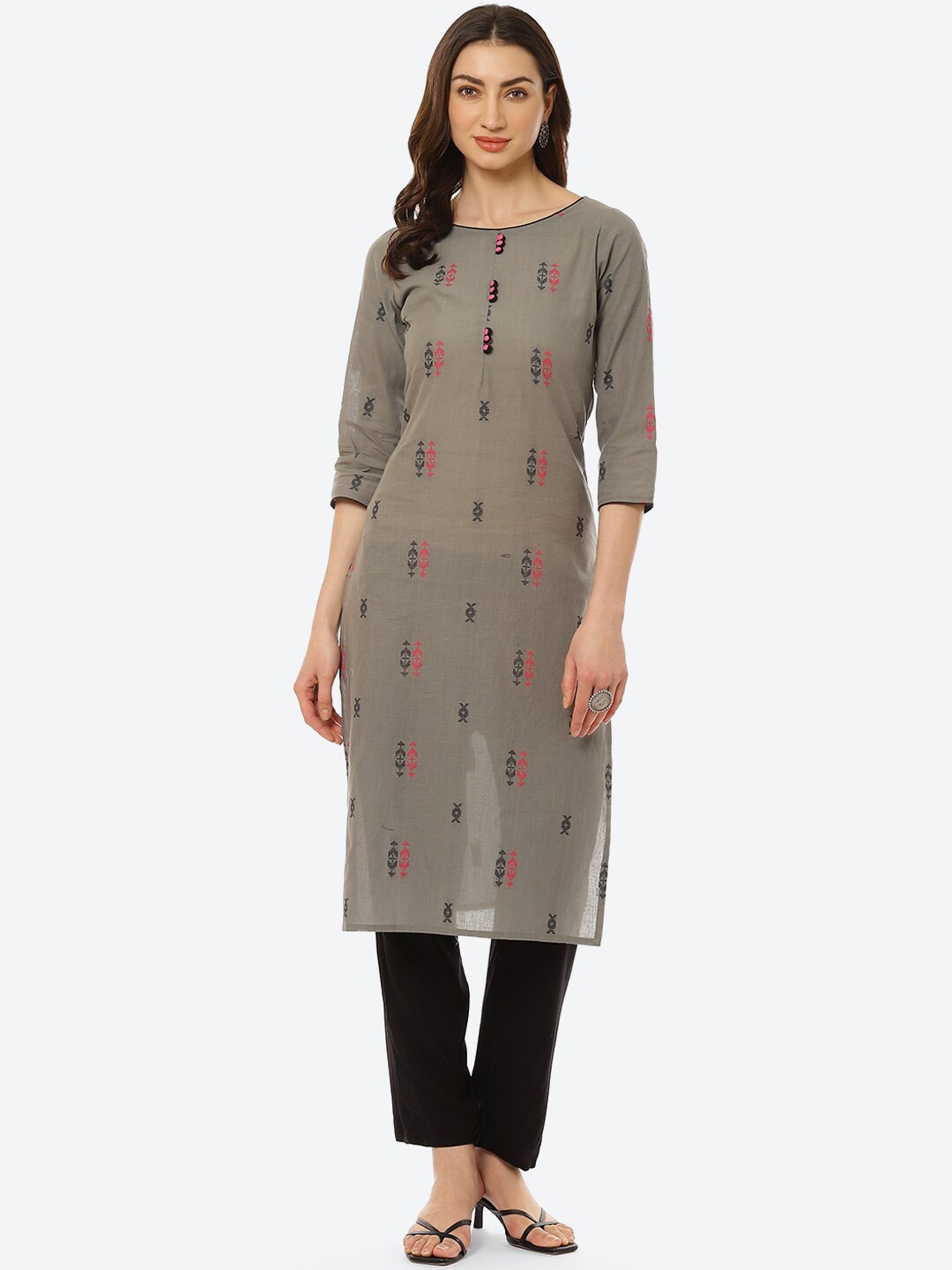 

Kurti's by Menka Women Grey Ethnic Motifs Printed Cotton Kurta