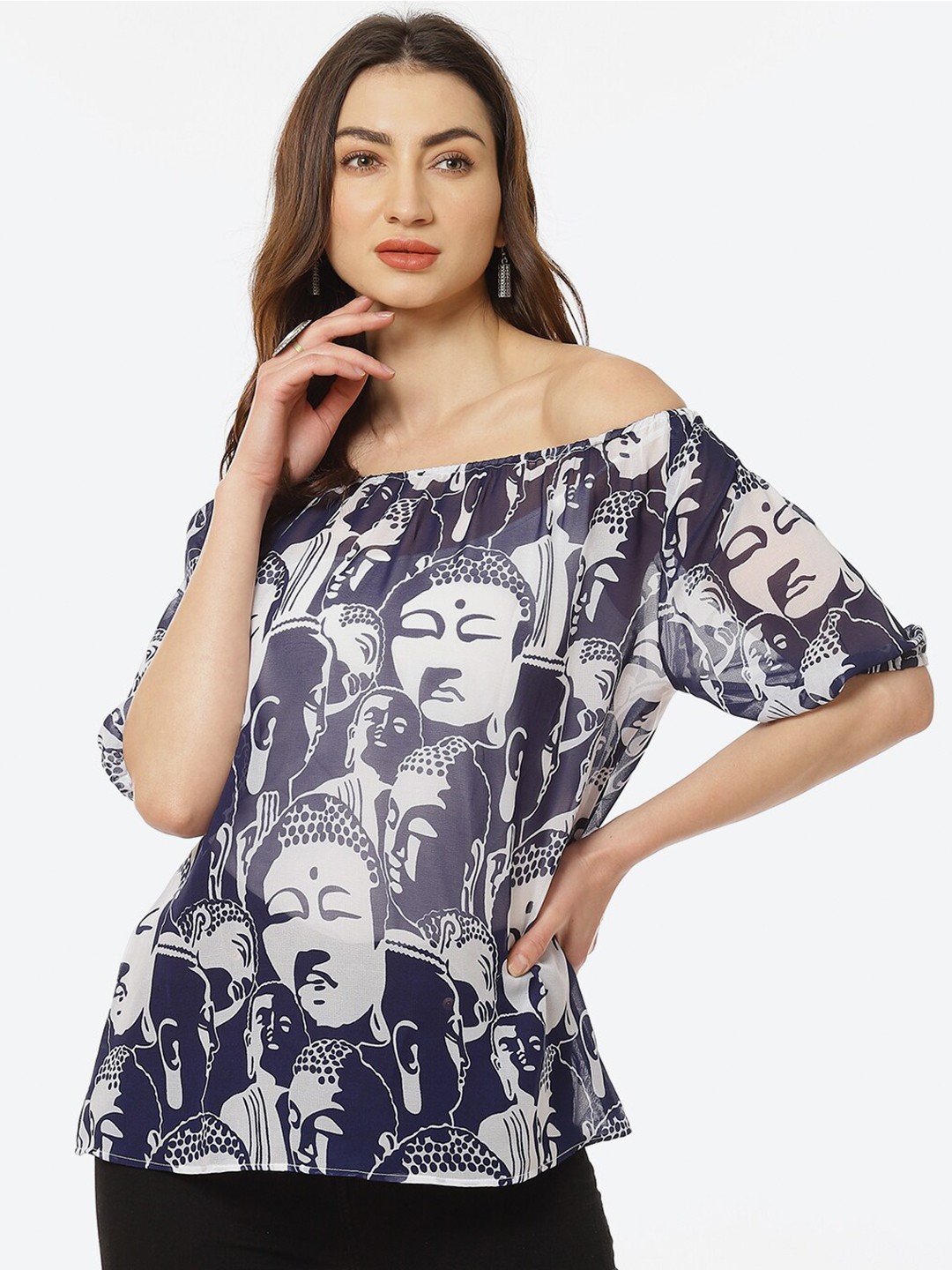 

Kurti's by Menka Blue Print Off-Shoulder Georgette Bardot Top
