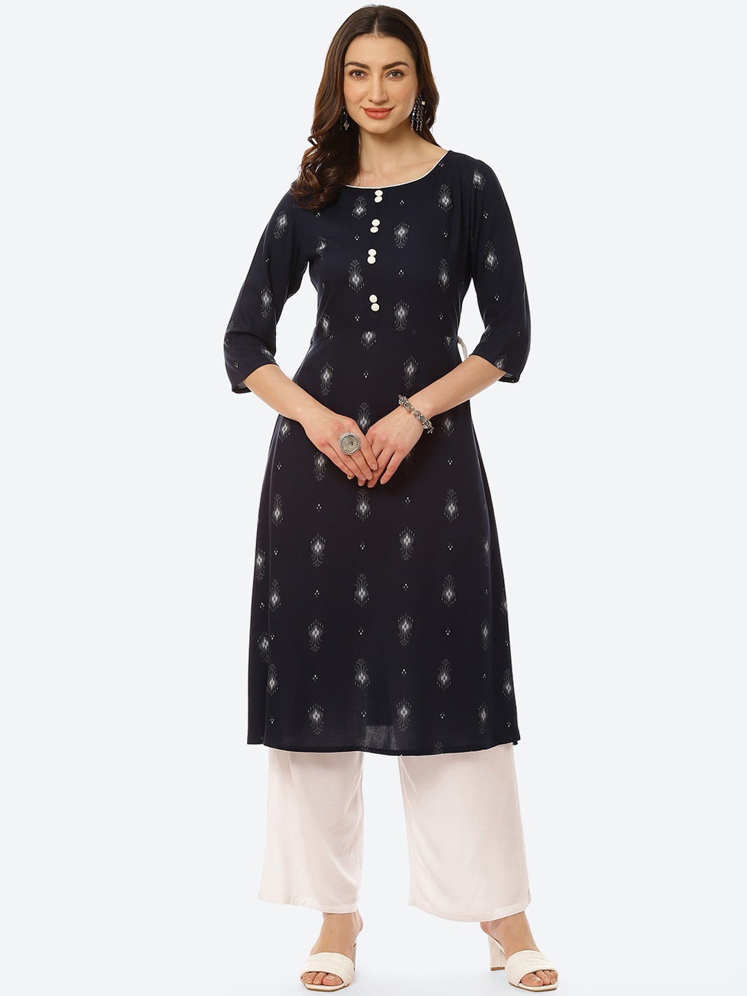 Kurti's by Menka Women Navy Blue Ethnic Motifs Printed Kurta