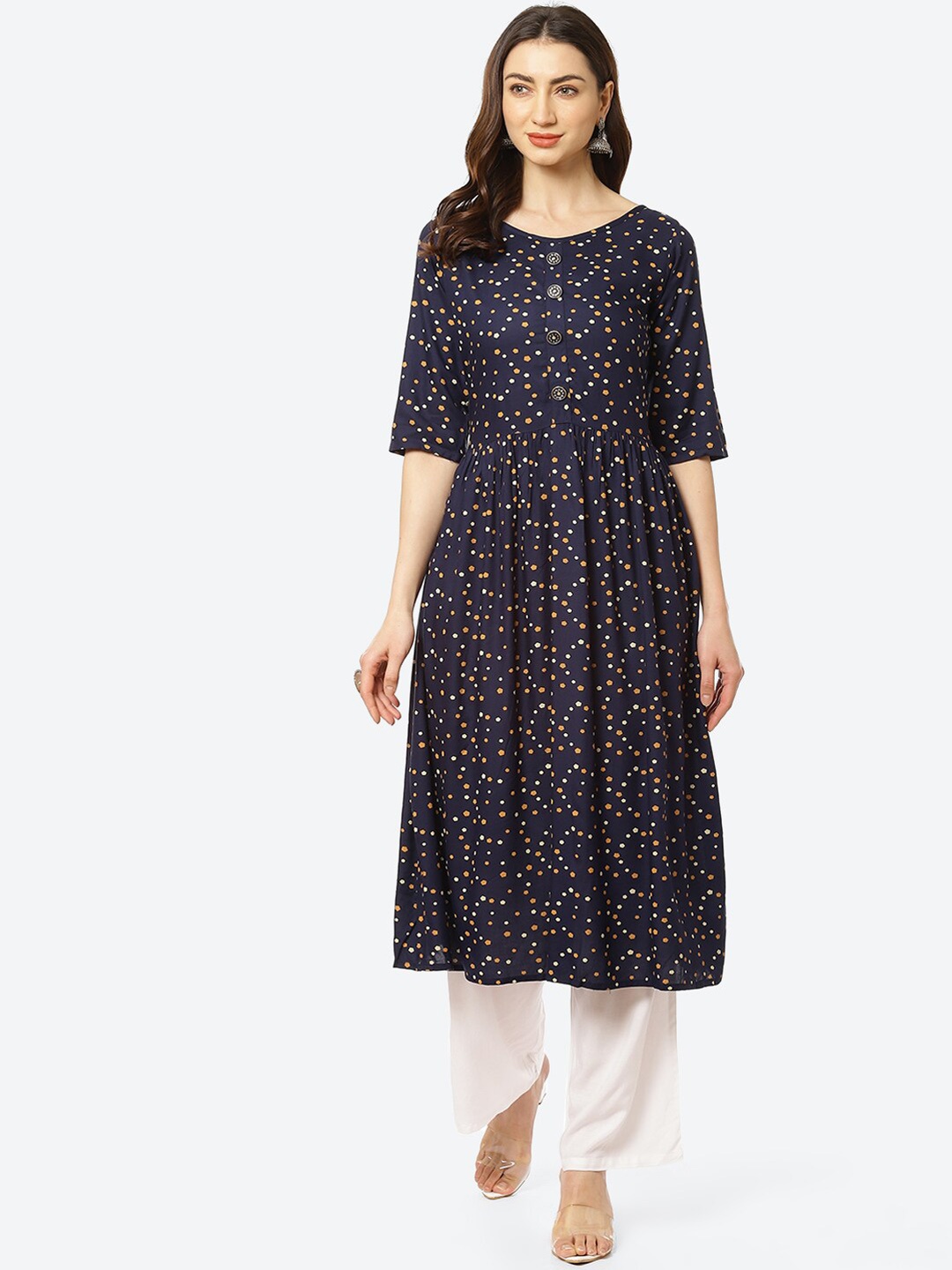 

Kurti's by Menka Women Blue Printed Mirror Work Kurta