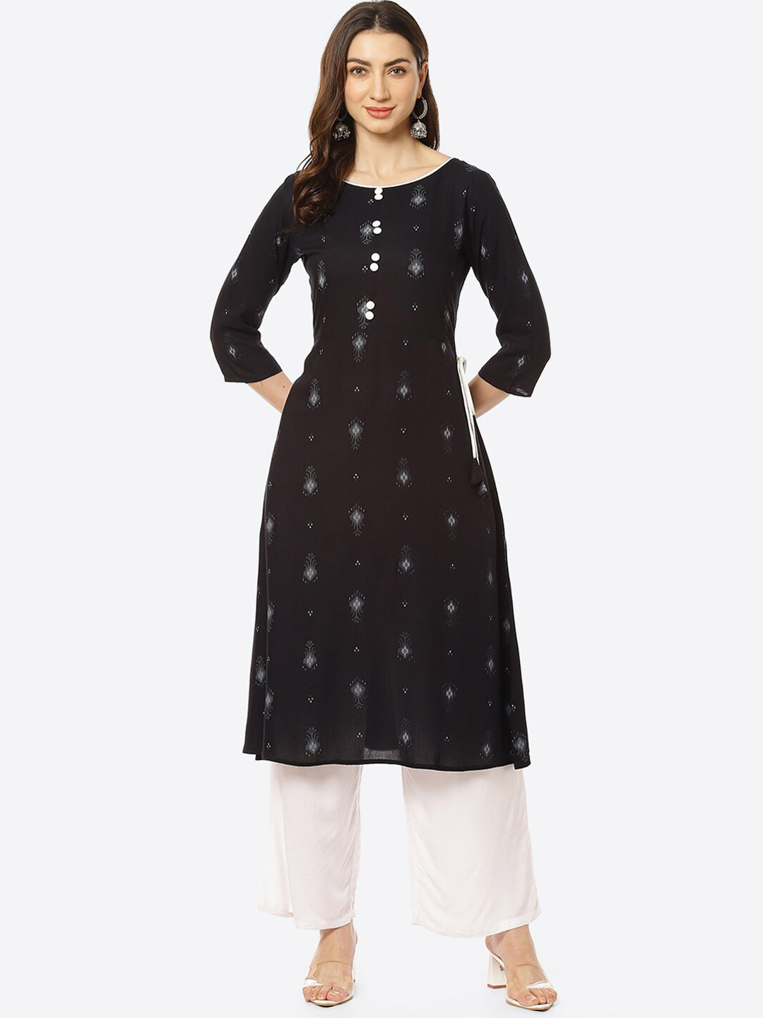 

Kurti's by Menka Women Black Printed A-Line Rayon Kurta