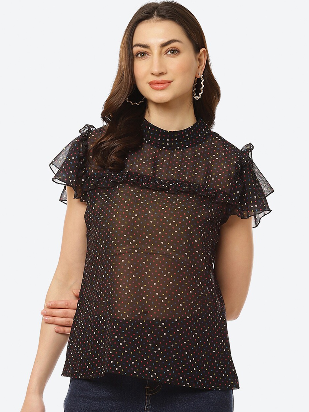 

Kurti's by Menka Black Print Georgette Peplum Top