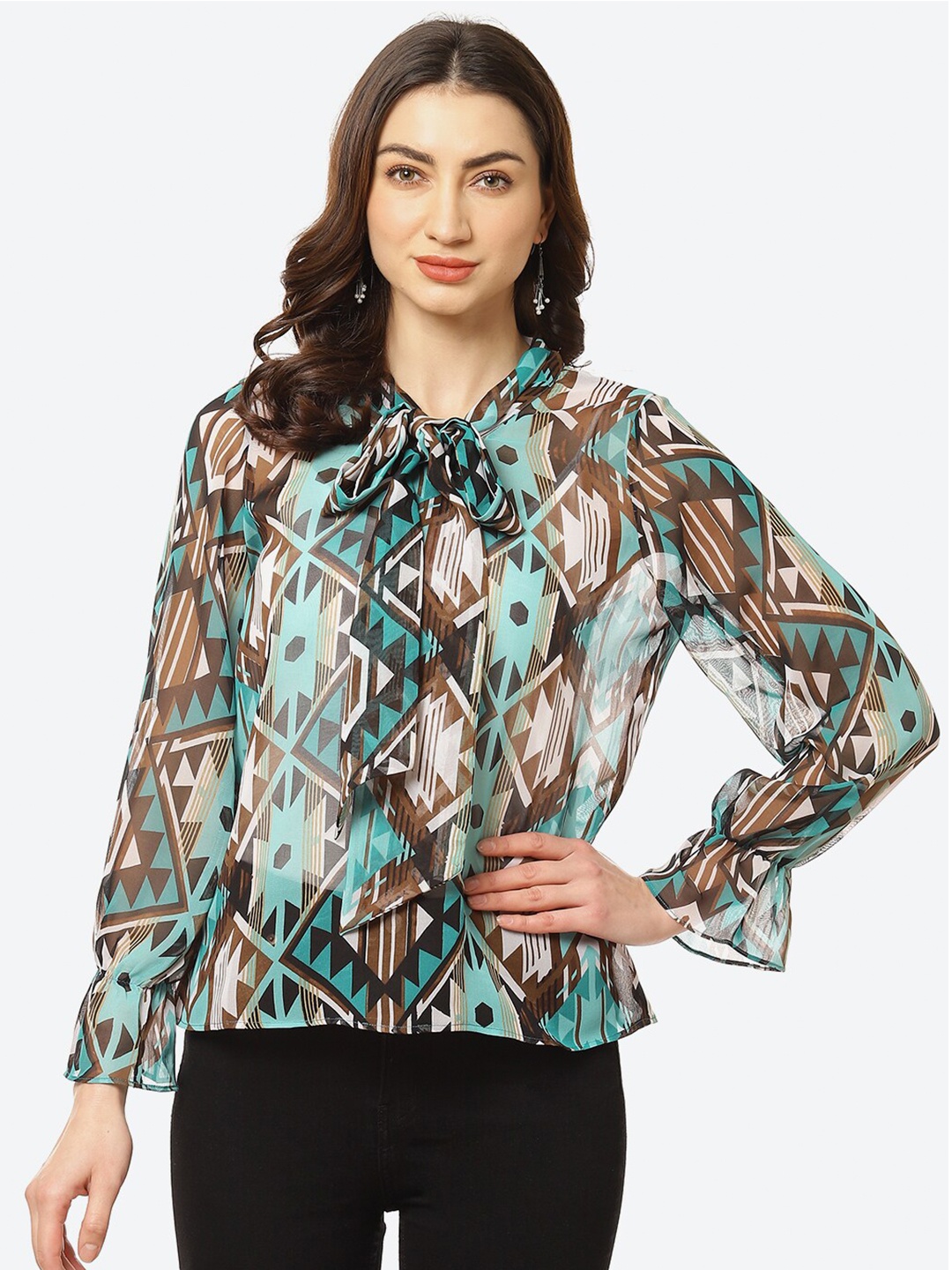 

Kurti's by Menka Green & Black Printed Tie-Up Neck Georgette Top