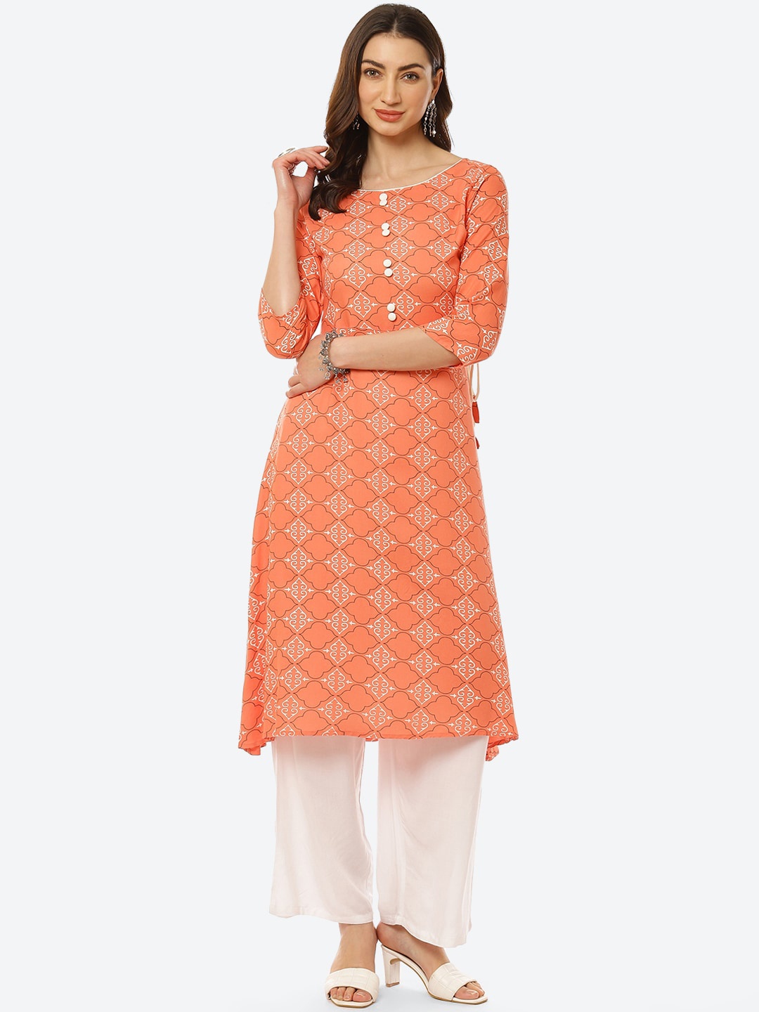 

Kurti's by Menka Women Peach-Coloured Ethnic Motifs Printed Kurta