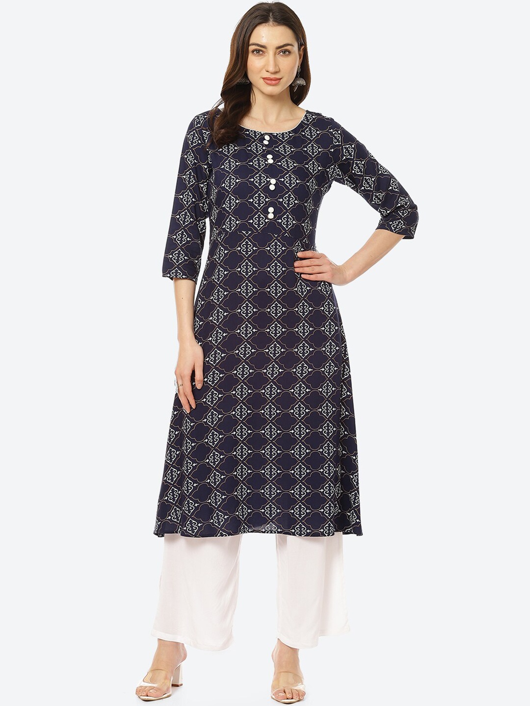 

Kurti's by Menka Women Navy Blue Geometric Printed Thread Work Anarkali Kurta