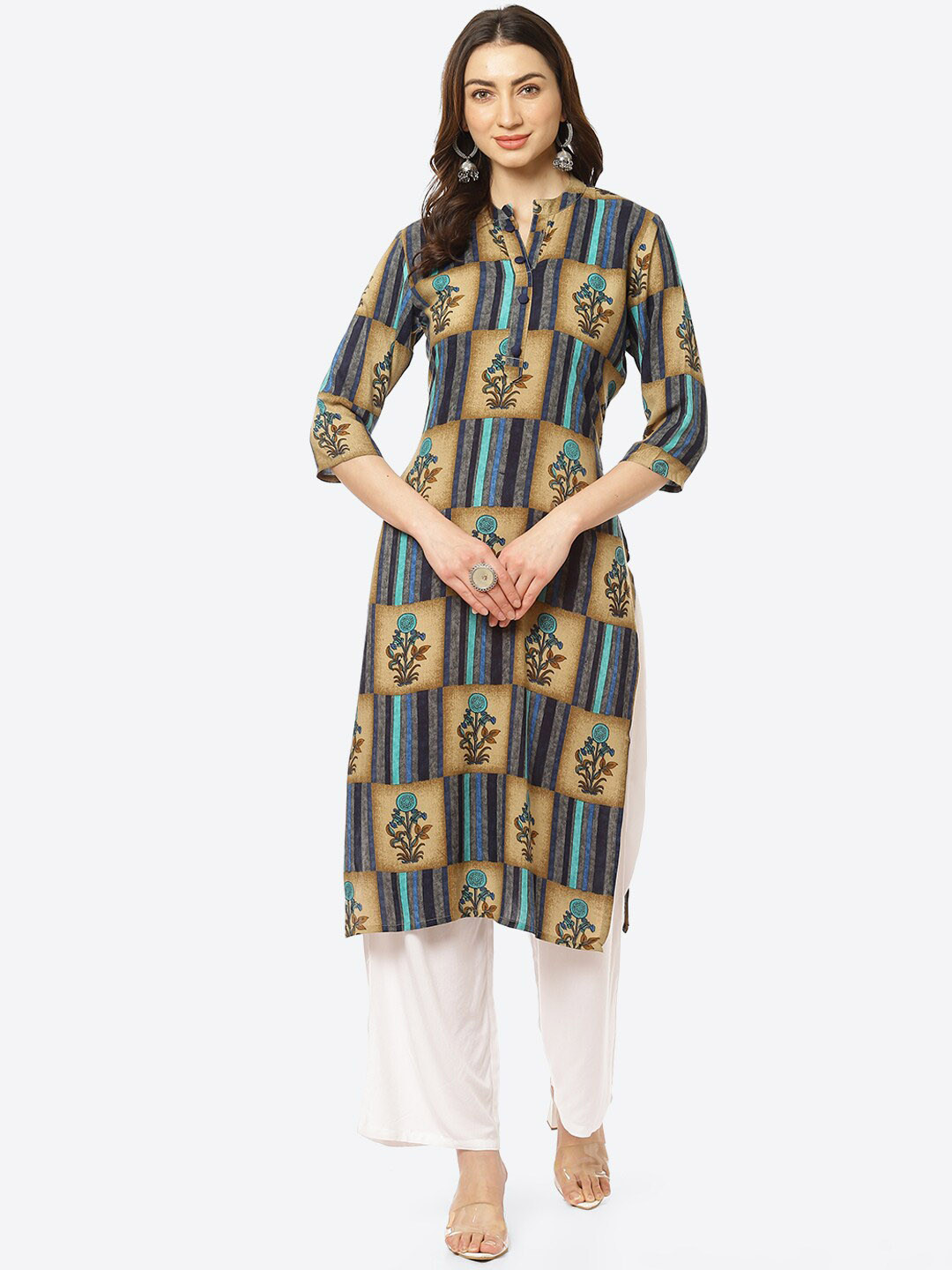 

Kurti's by Menka Women Beige & Blue Abstract Printed Straight Kurta