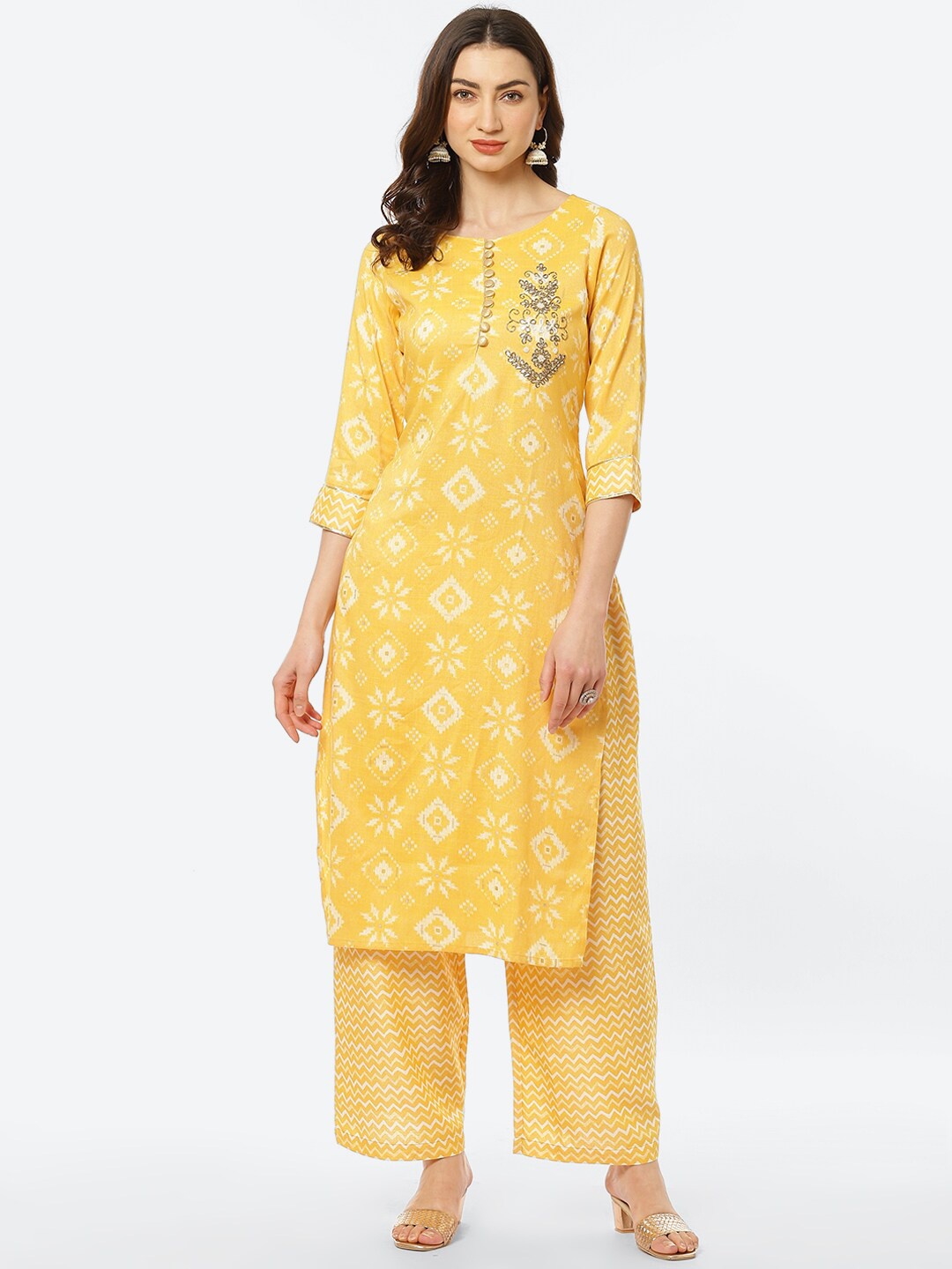 

Kurti's by Menka Women Yellow Printed Pleated Kurta with Palazzos