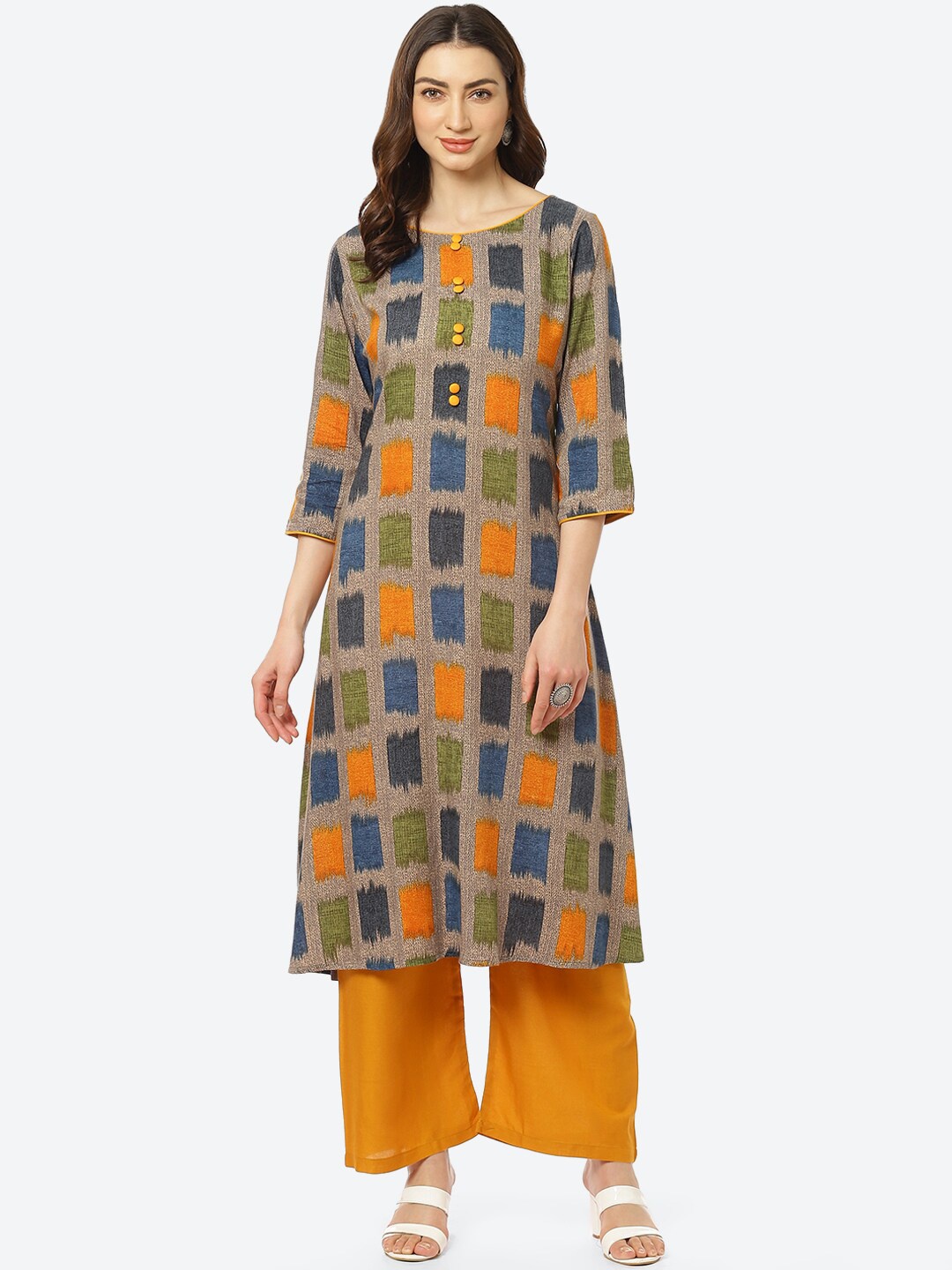 Kurti's by Menka Women Grey & Mustard Yellow Printed Kurta