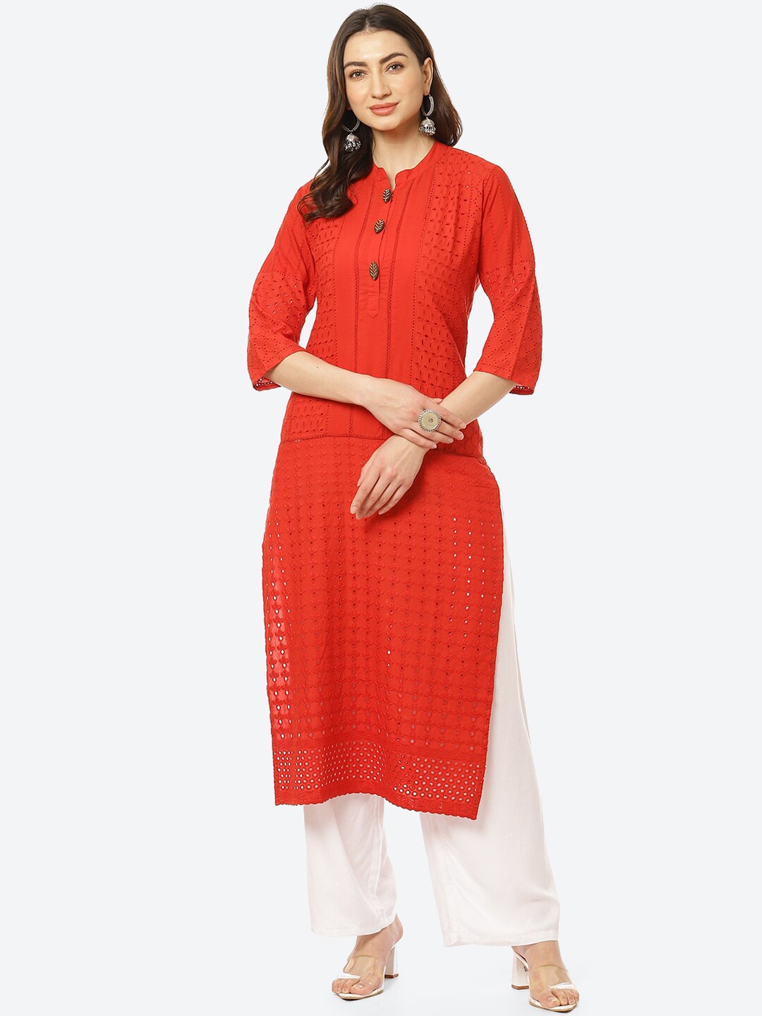 

Kurti's by Menka Women Red Floral Embroidered Cotton Kurta