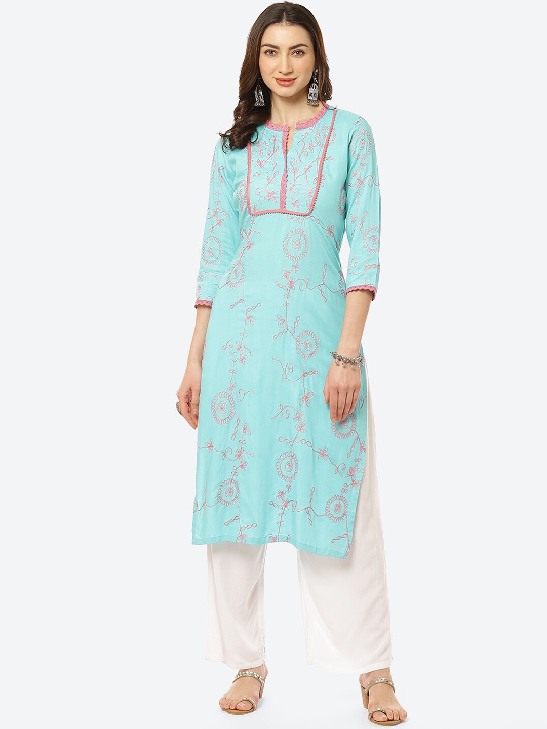 Kurti's by Menka Women Blue & Pink Floral Embroidered Straight Kurta